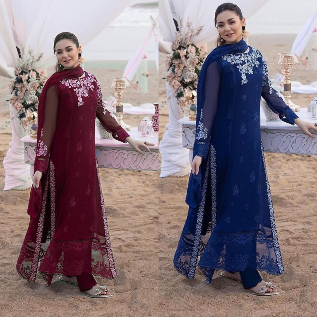 BAROQUE chiffon embroidered suit navy blue close look