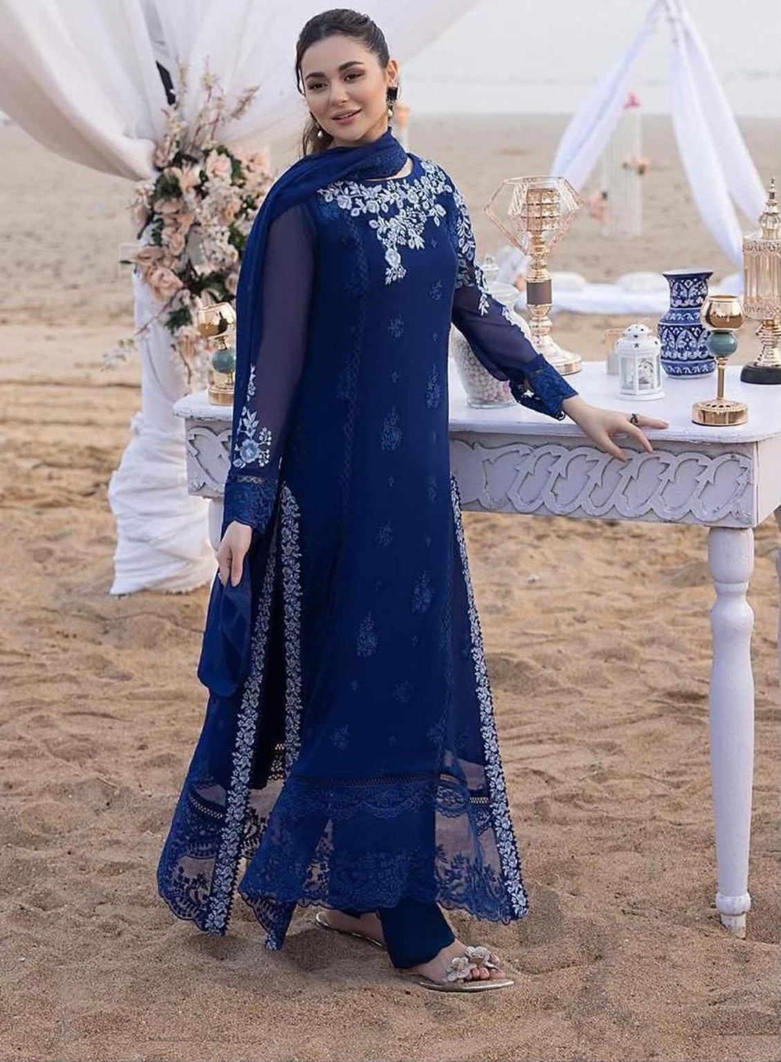 BAROQUE chiffon embroidered suit navy blue details