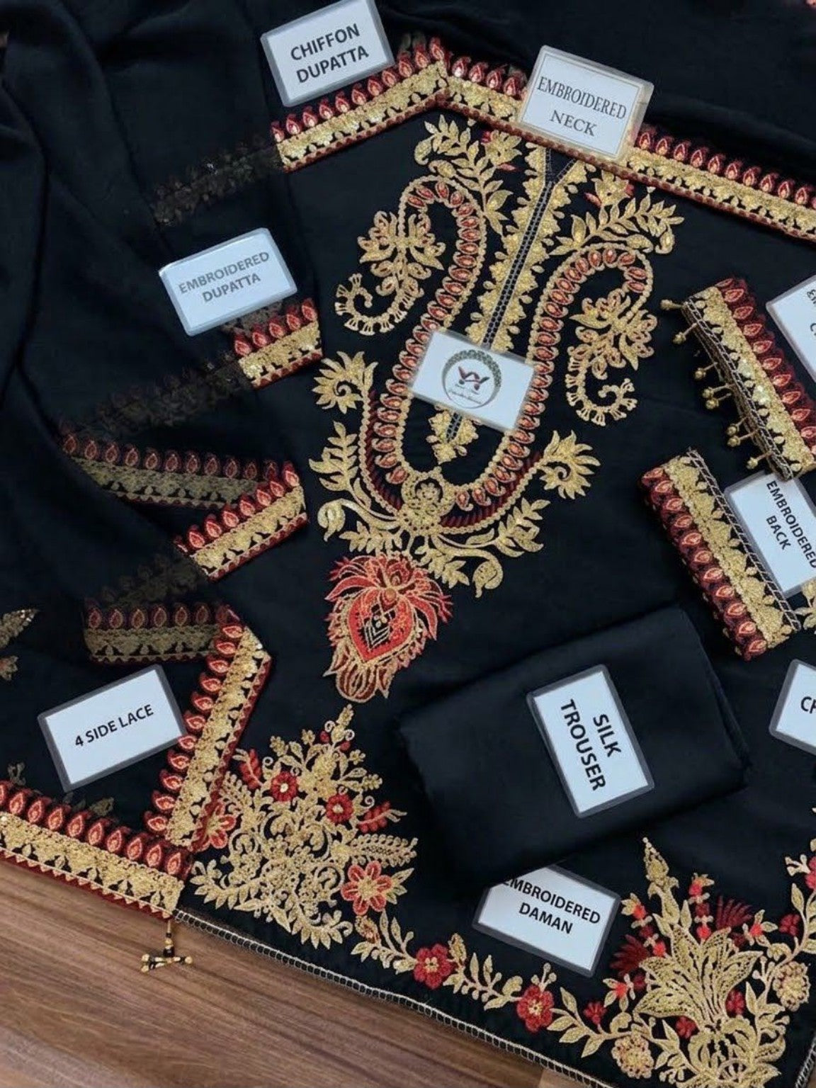 BAROQUE silk suit embroidered neck cuff back dupatta trouser and daman details