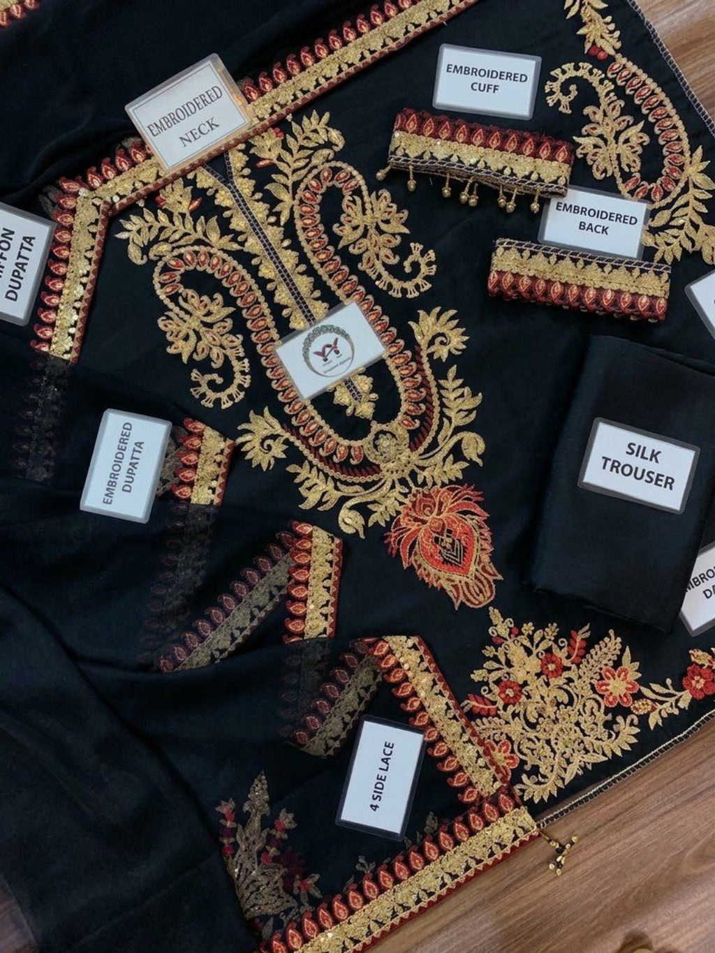 BAROQUE black silk suit embroidery and lace detail