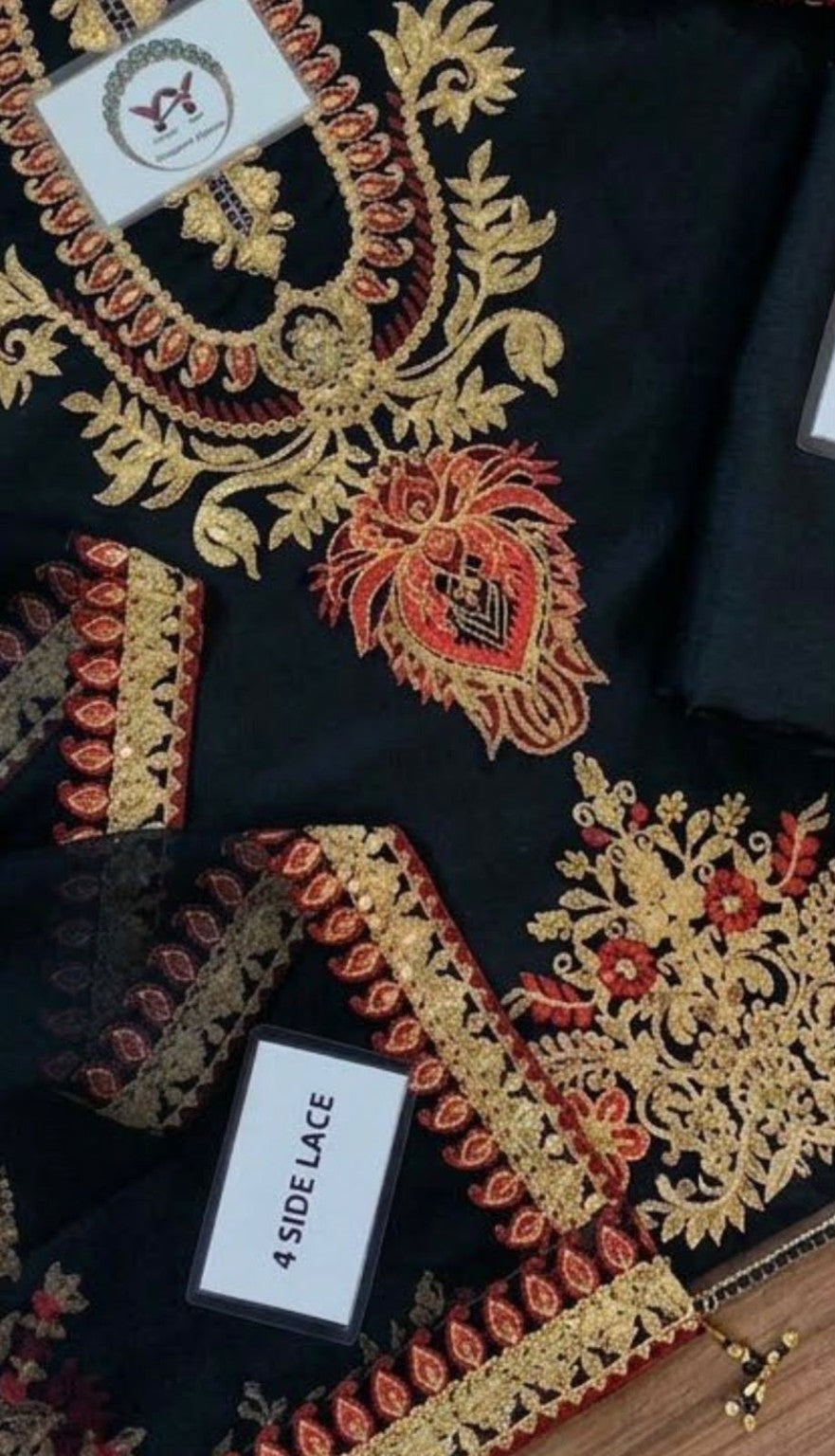 BAROQUE black silk suit four side lace embroidery detail