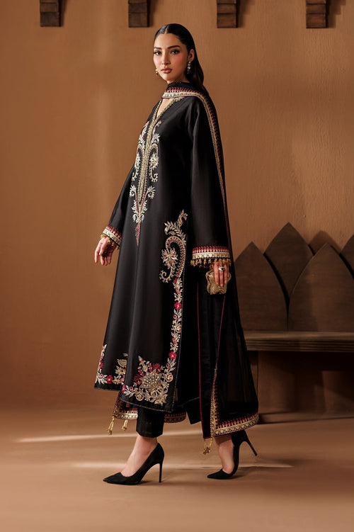 BAROQUE black silk embroidered 3PC suit full model view