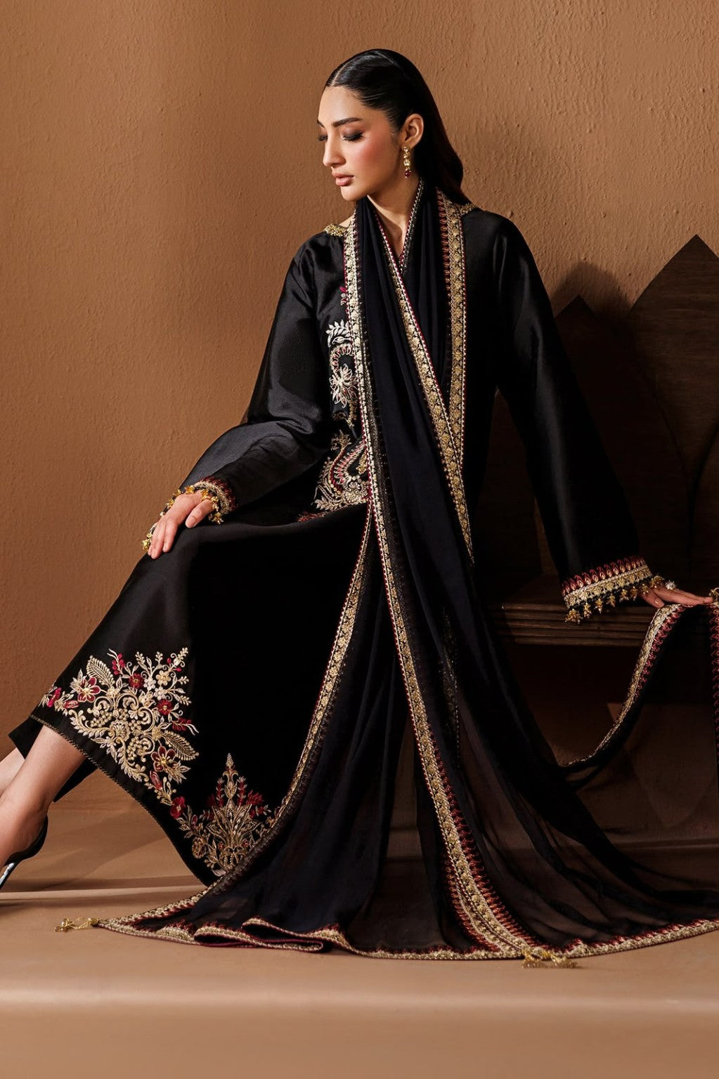 BAROQUE black silk embroidered 3PC suit seated model view
