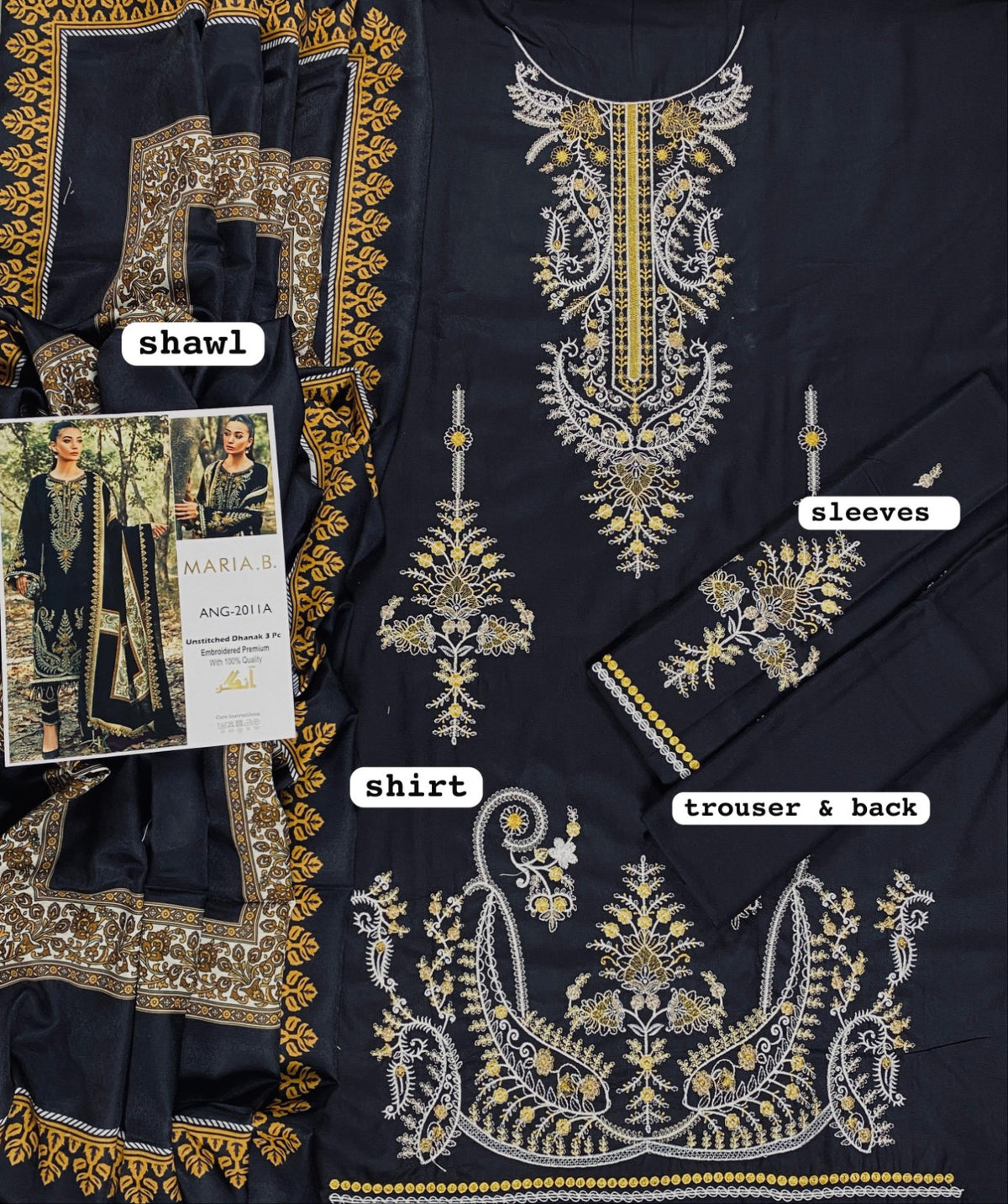 BATIK Dhanak embroidered 3PC black gold fabric details
