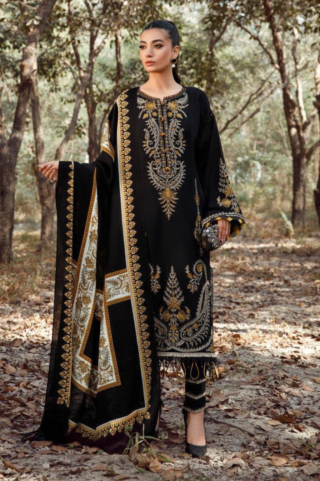 BATIK Dhanak embroidered unstitched 3PC black gold model