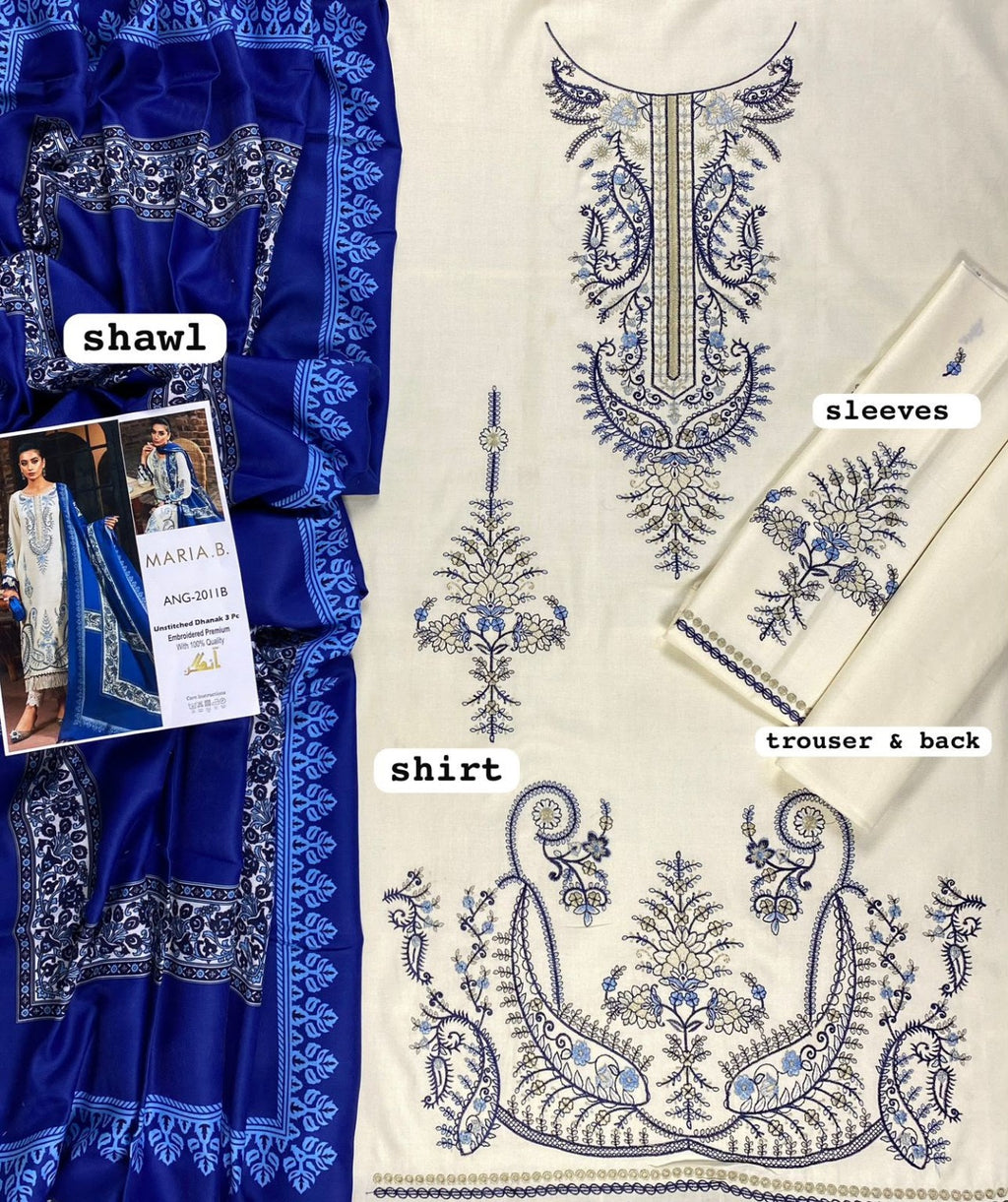 BATIK Dhanak embroidered 3PC white blue fabric details
