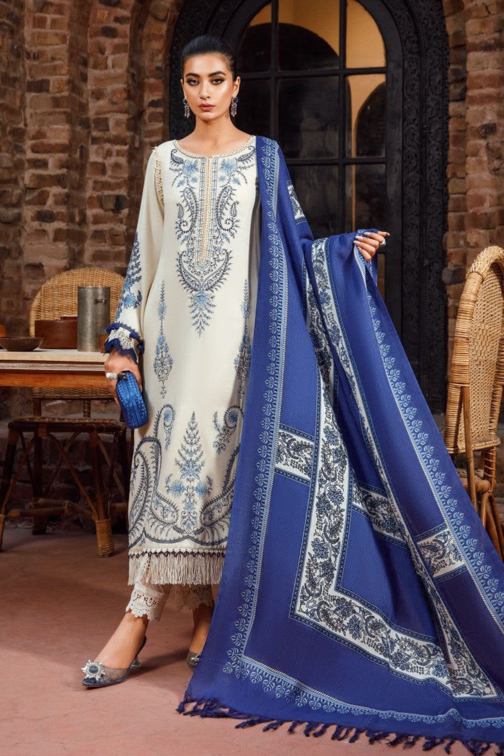 BATIK Dhanak embroidered unstitched 3PC white blue model