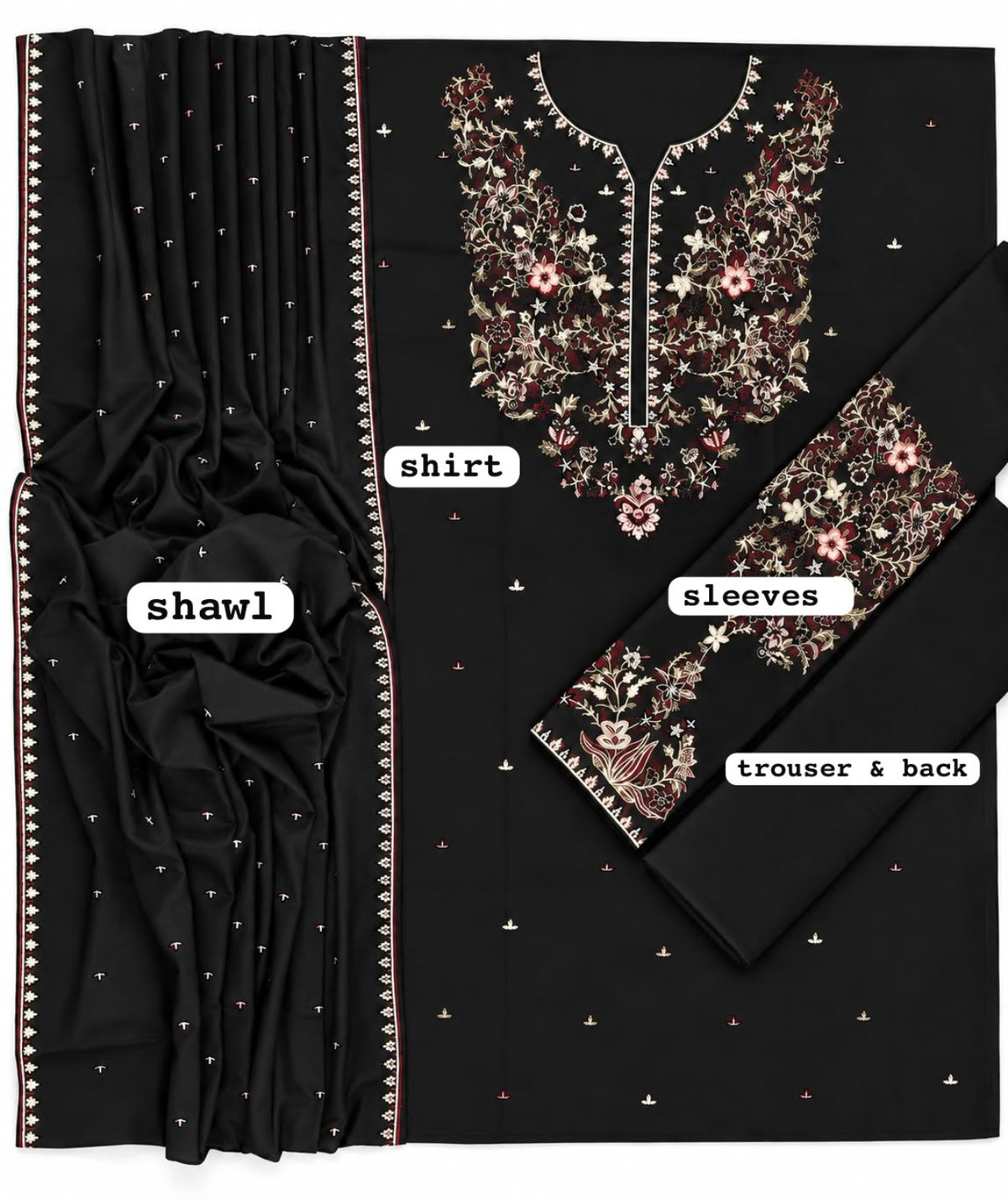 BATIK Dhanak embroidered 3PC black fabric details