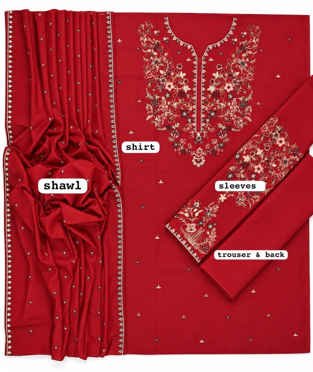 BATIK Dhanak embroidered 3PC red fabric details