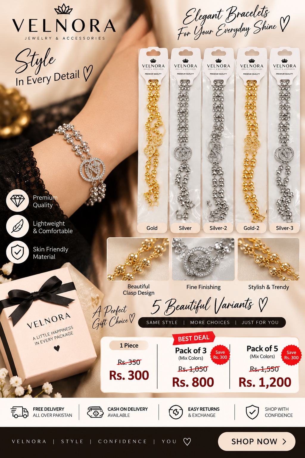 VELNORA bracelet bundle deal - 1 piece, pack of 3 and pack of 5