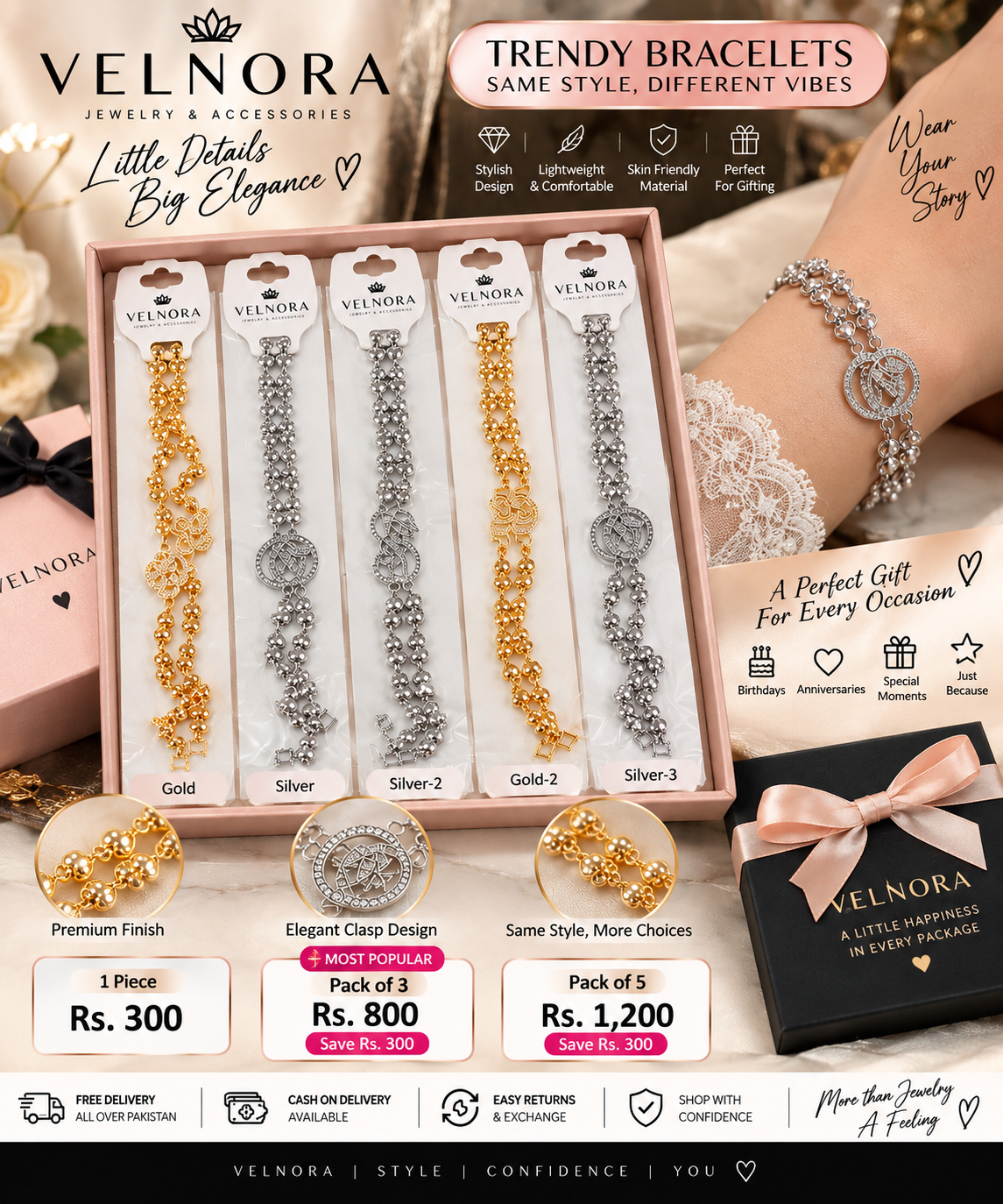 VELNORA trendy bracelet collection with five gold and silver styles