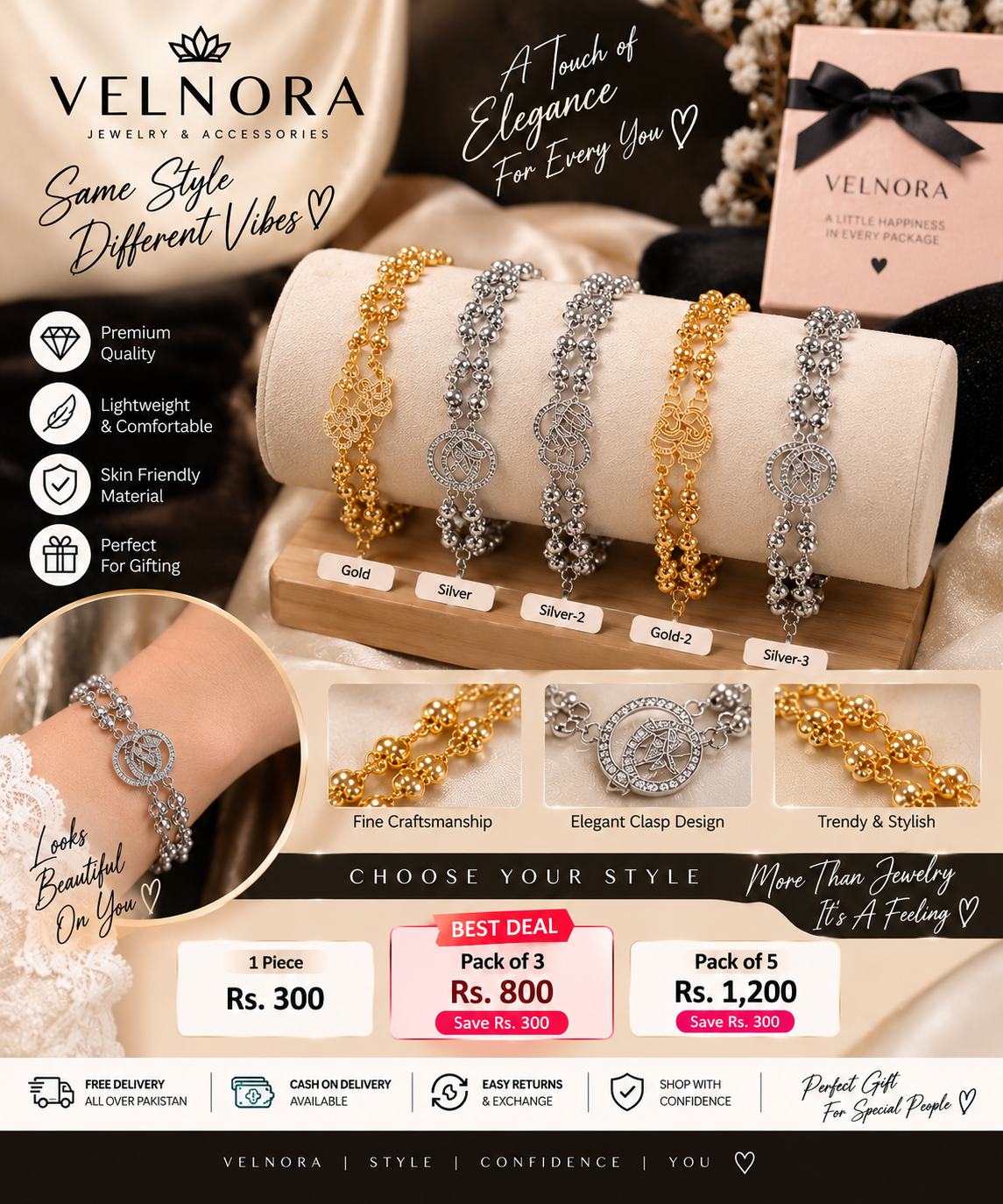 VELNORA premium bracelet styles in gold and silver with bundle pricing