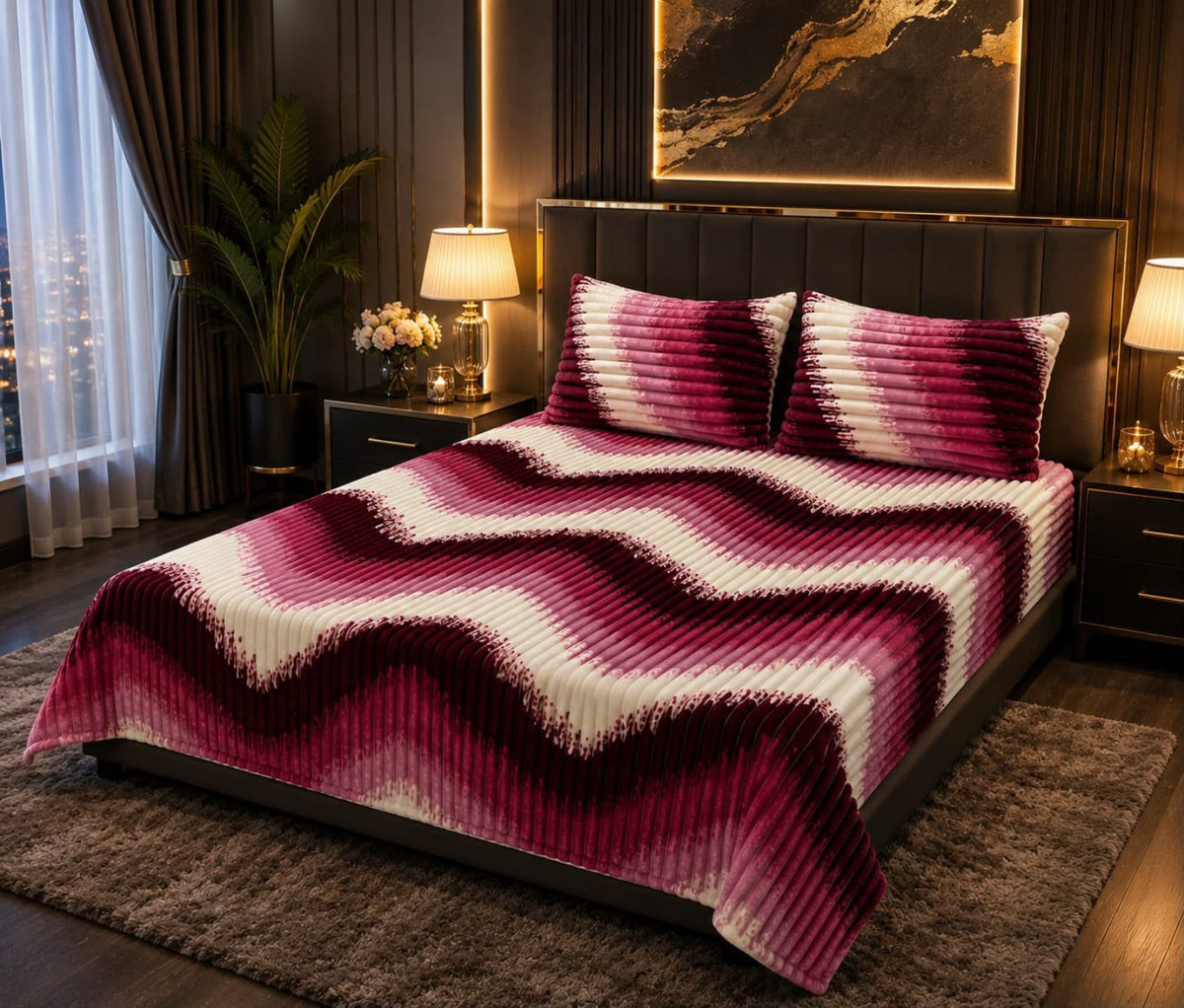VELNORA Luxury Bubble Printed Bedsheet pink wave design