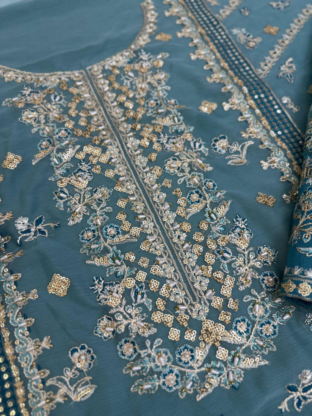 Charizma chiffon embroidery and adda work close up