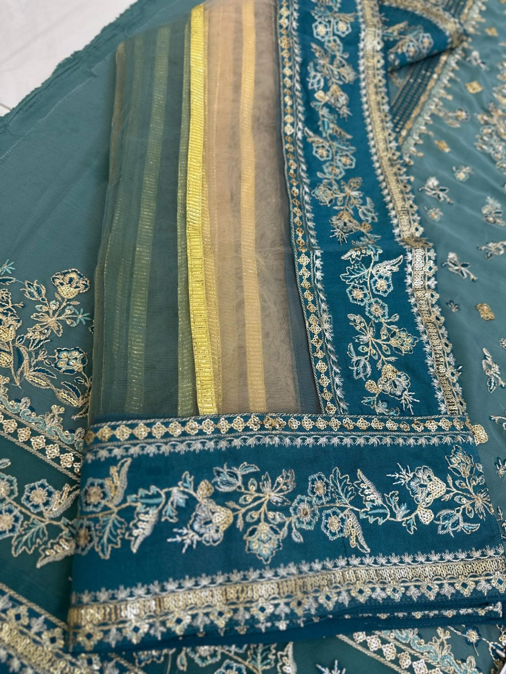 Charizma net ready to wear dupatta embroidery details