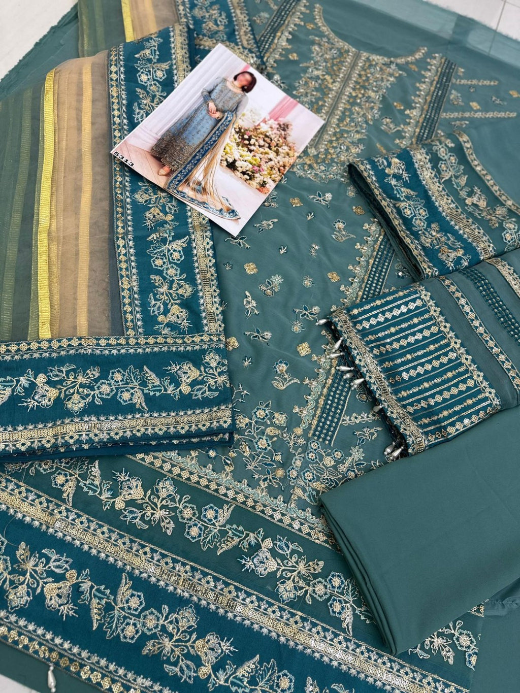 Charizma chiffon net embroidered fabric set details