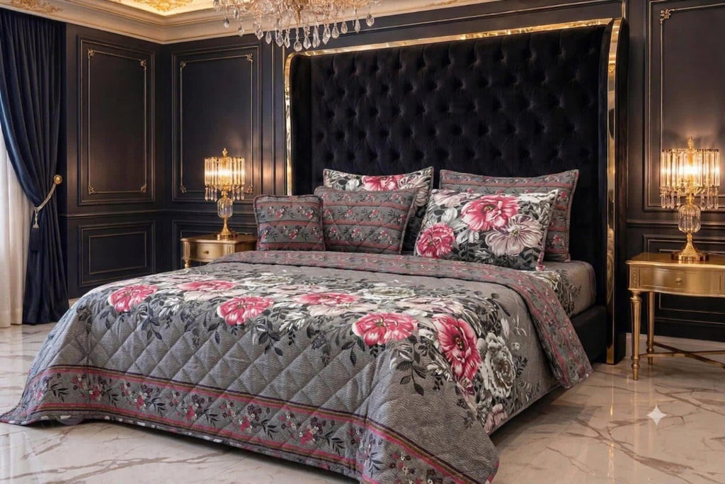 Grey Pink Floral 7Pc King Comforter Set
