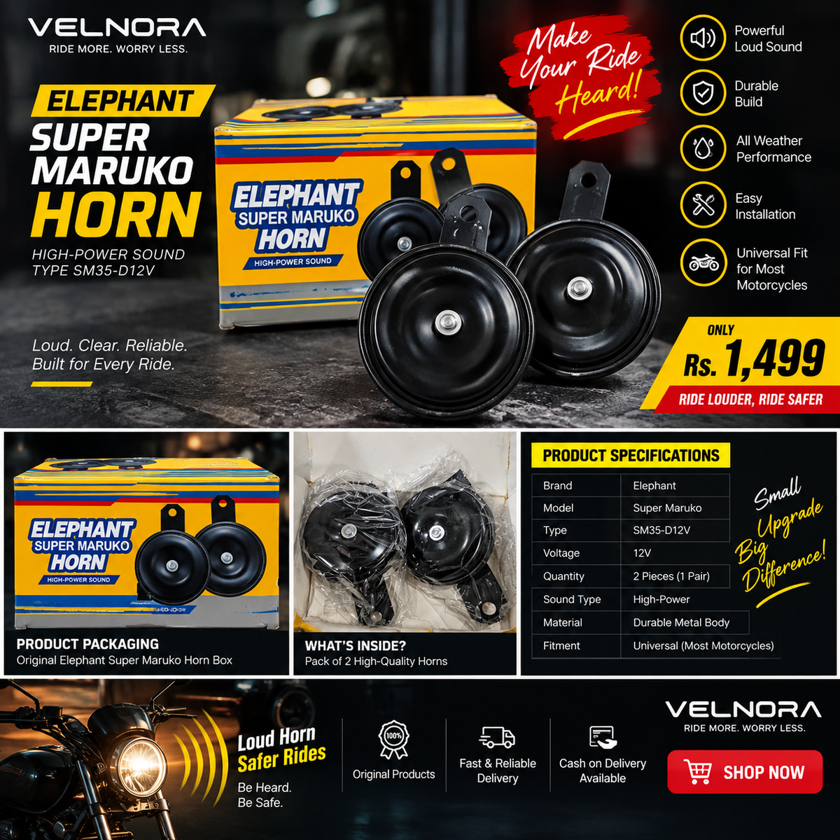 VELNORA Elephant Super Maruko Motorcycle Horn