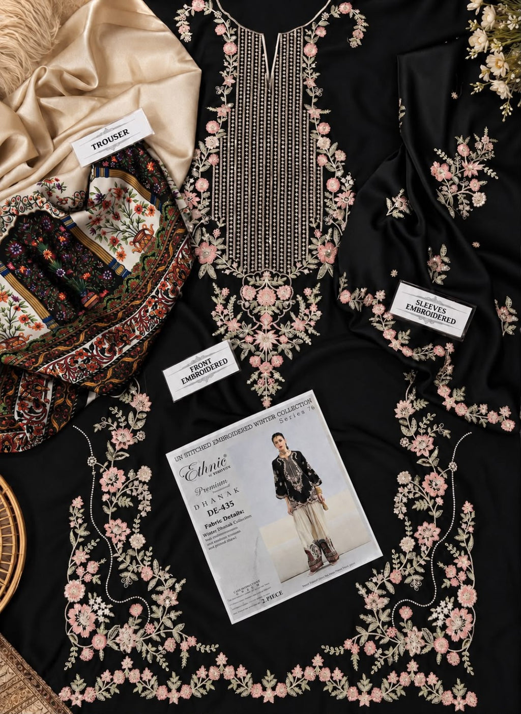 ETHNIC DE-435 silk embroidered sequence shirt and printed trouser details
