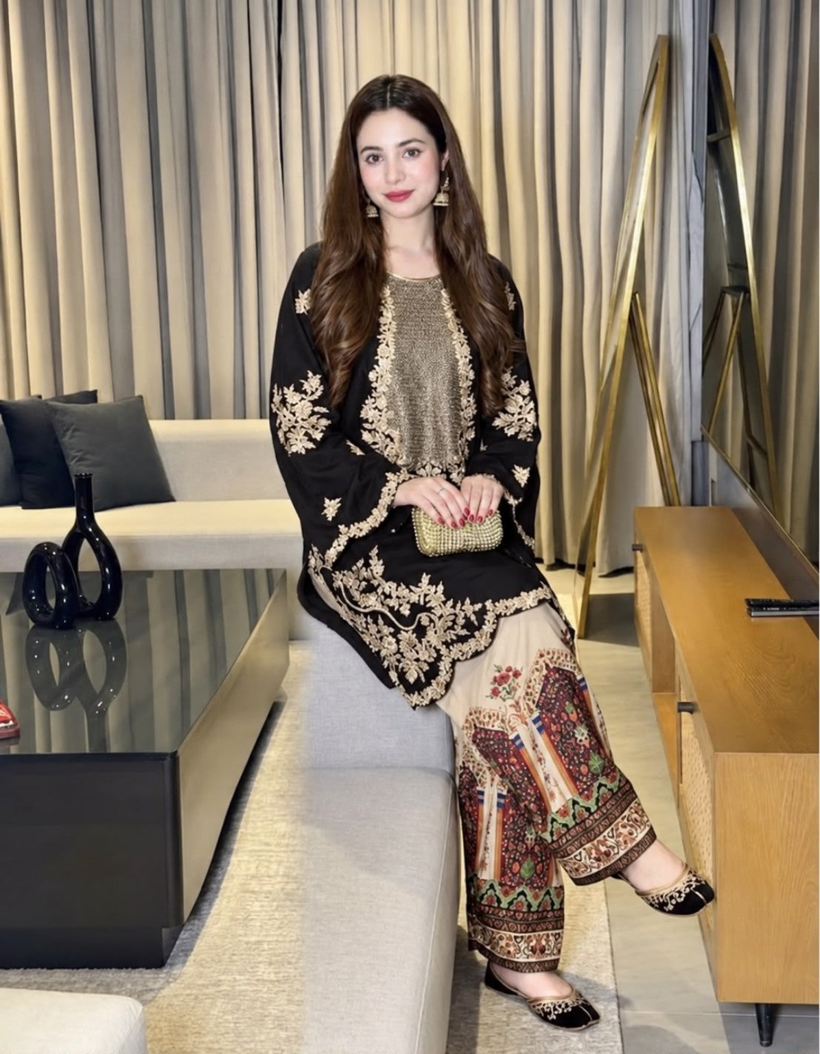 ETHNIC DE-435 silk embroidered sequence unstitched 2PC suit seated view