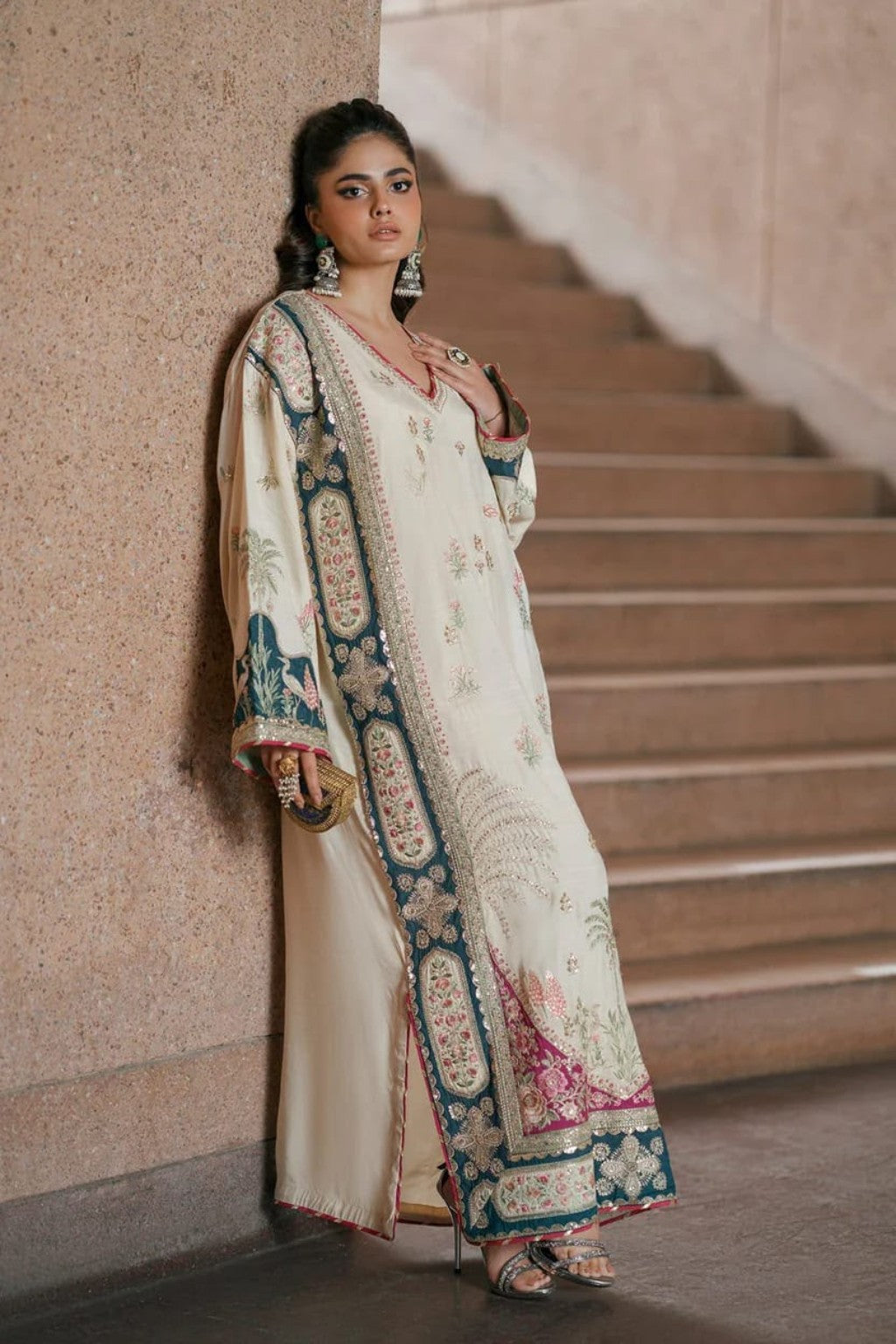 VELNORA ETHNIC Inspired Luxury Kaftan Silk 2 Piece model side view