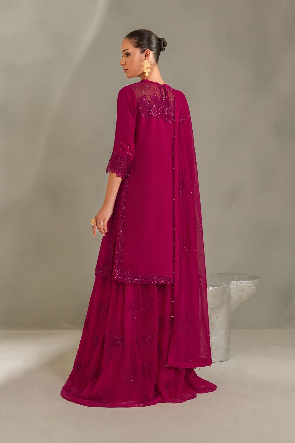 IZNIK magenta chiffon embroidered 3PC suit back model view