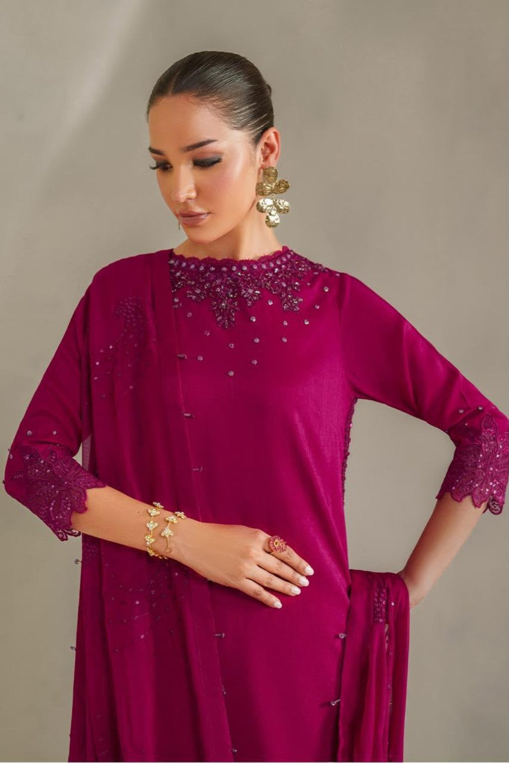 IZNIK magenta chiffon embroidered neckline and sleeve model detail