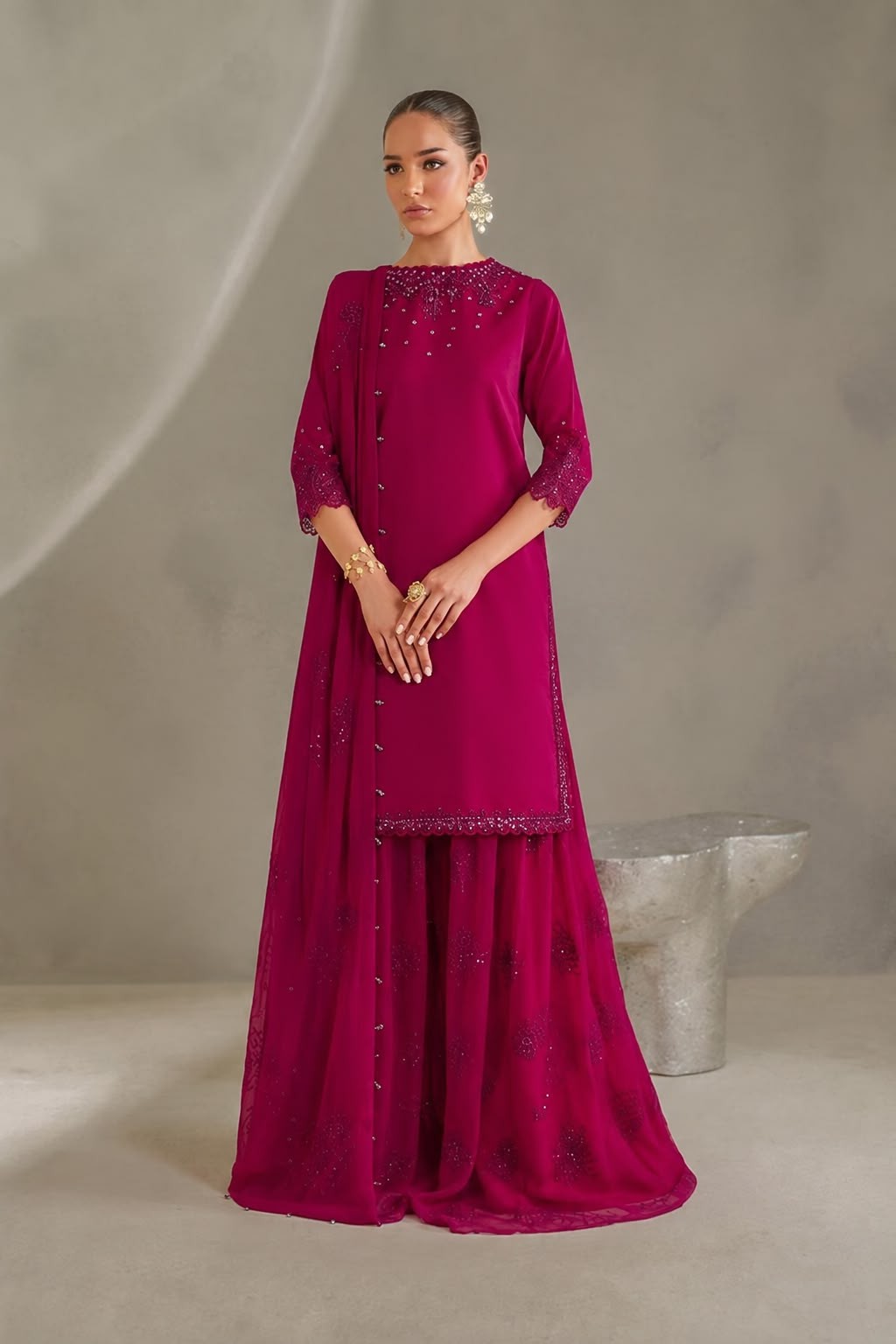 IZNIK magenta chiffon embroidered 3PC suit front model view