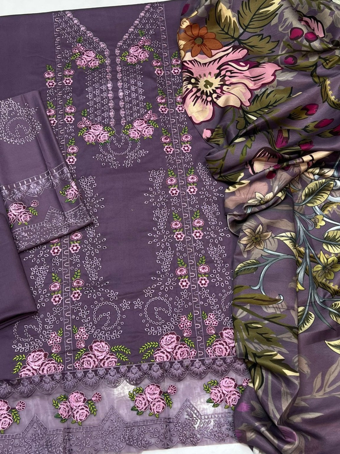 Jade Dhanak 3PC Code 2154 embroidered fabric and printed wool shawl