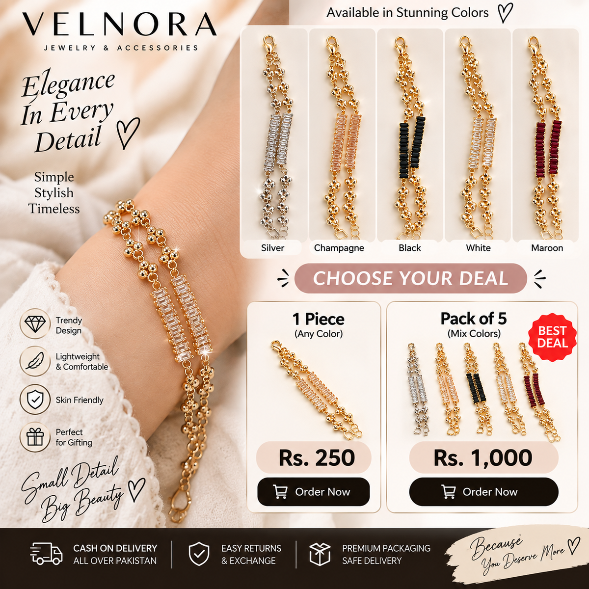 VELNORA elegant fashion bracelet single and pack of 5 deal
