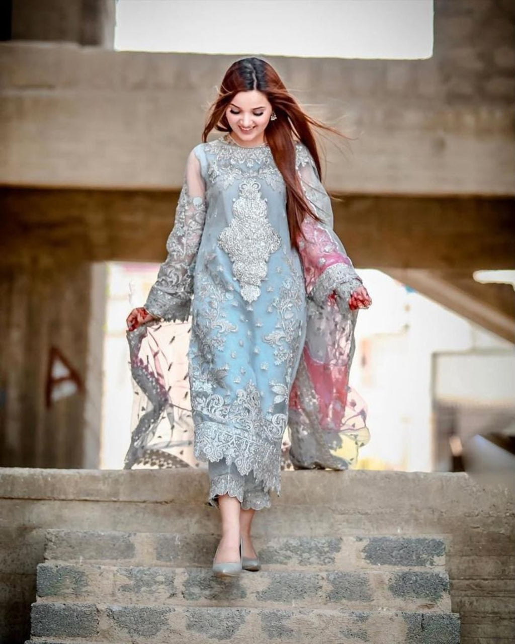 LAAM Luxury Collection organza embroidered 3PC suit model walking view