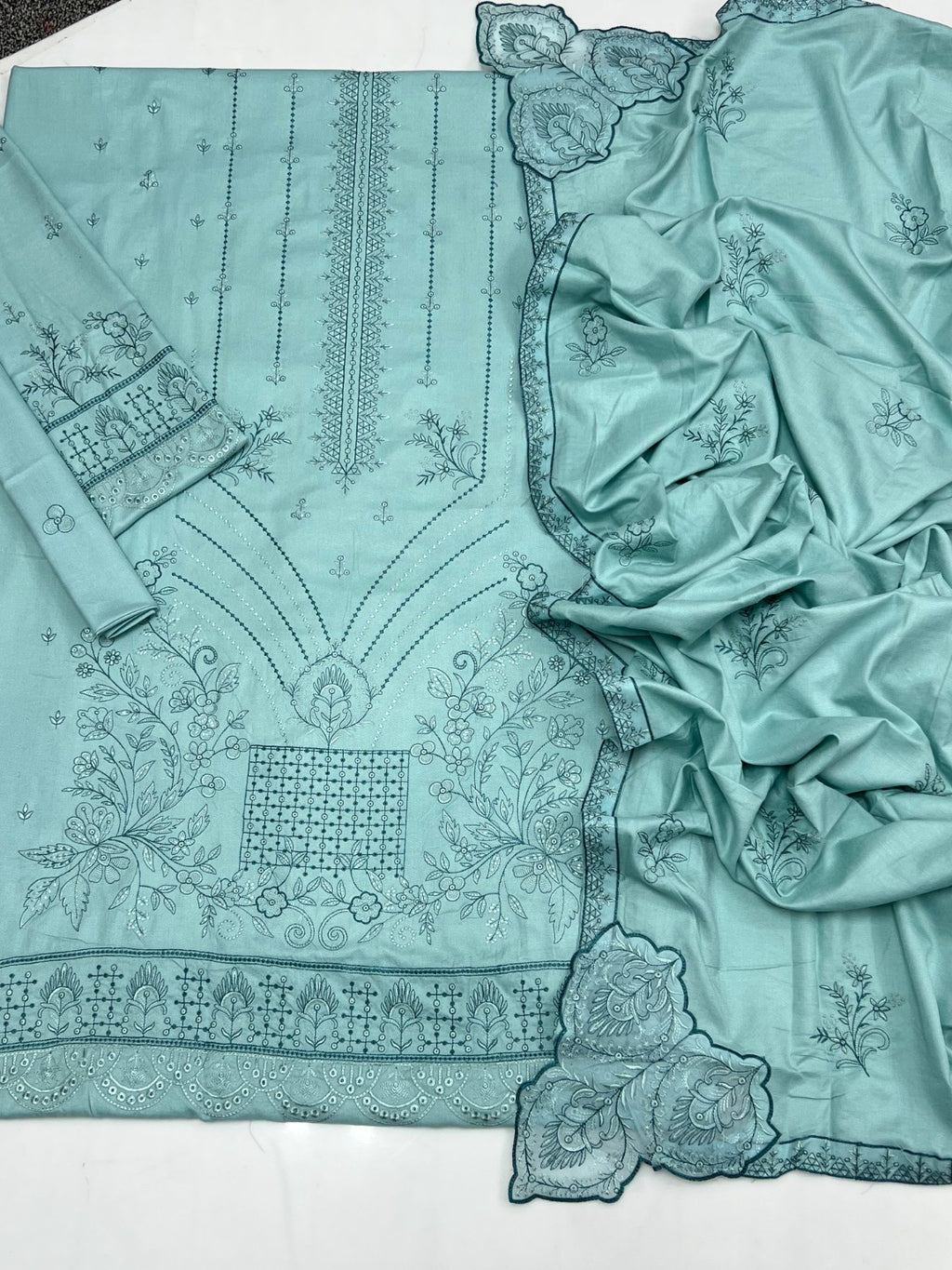 Sea-green Dhanak suit 2255 — actual fabric, embroidery and cutwork shawl
