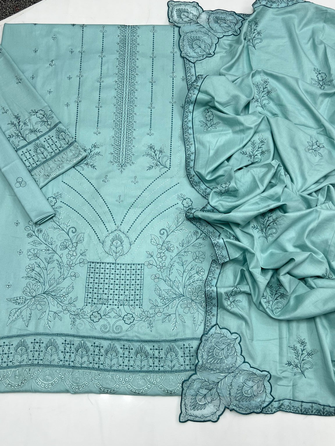 Sea-green Dhanak suit 2255 — actual fabric, embroidery and cutwork shawl