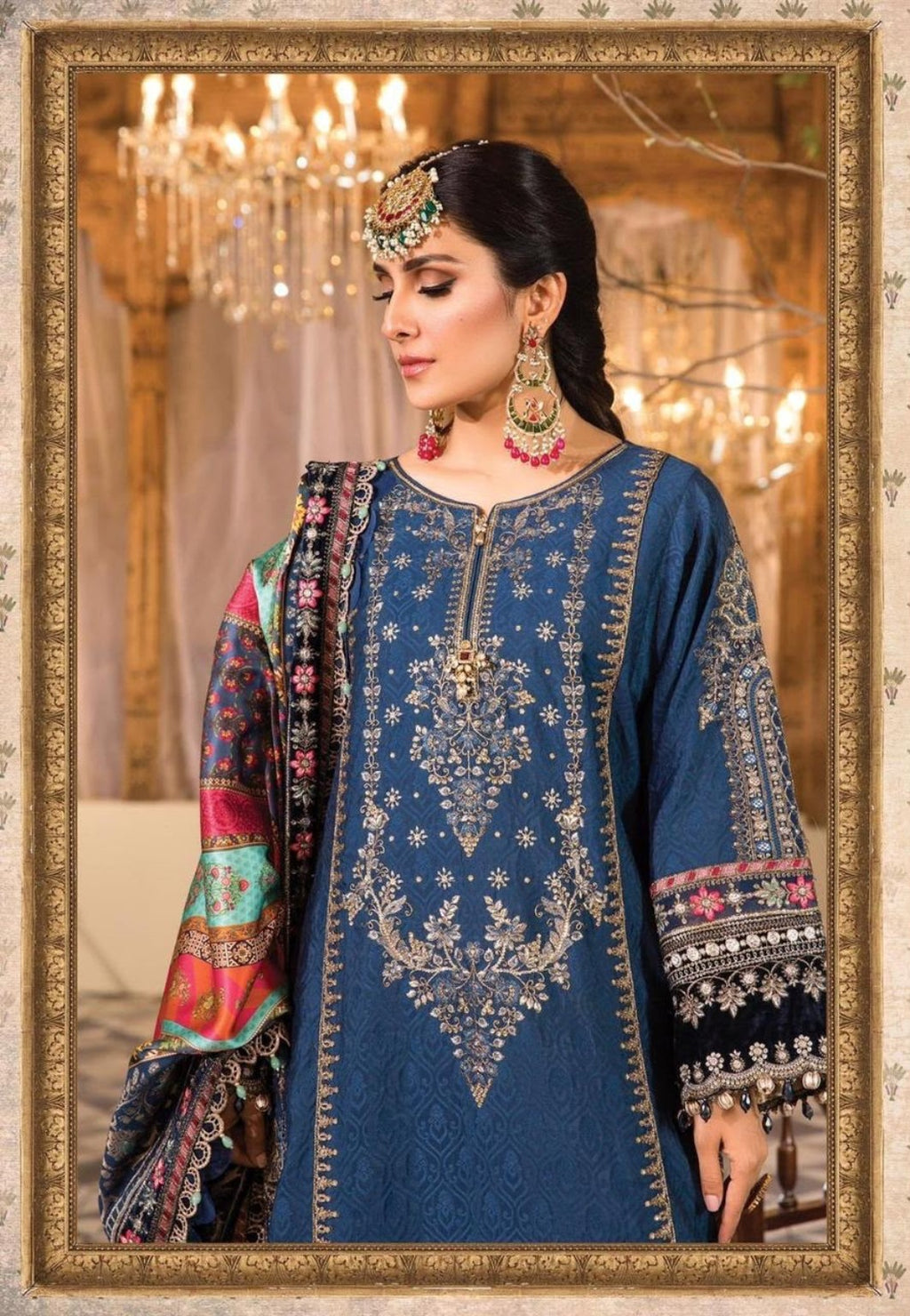 Blue chiffon suit neckline and sleeve embroidery close-up