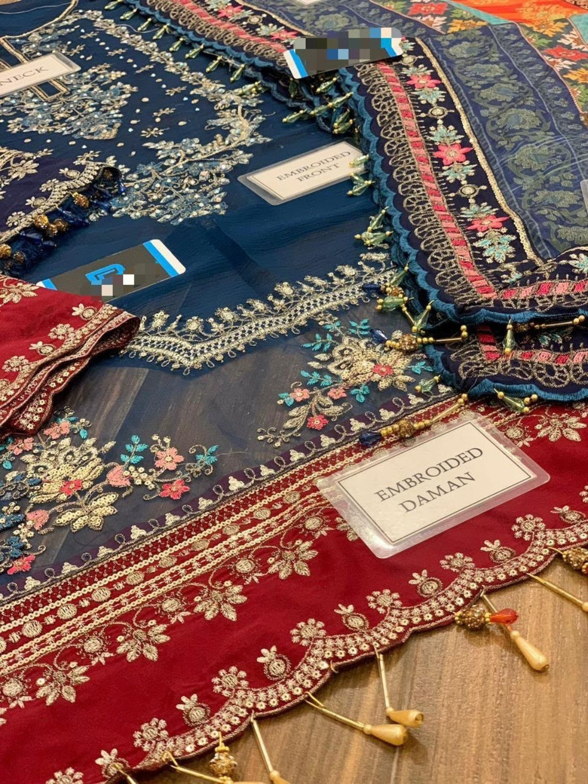 Blue chiffon fabric, sequin embroidery and contrast daman border details
