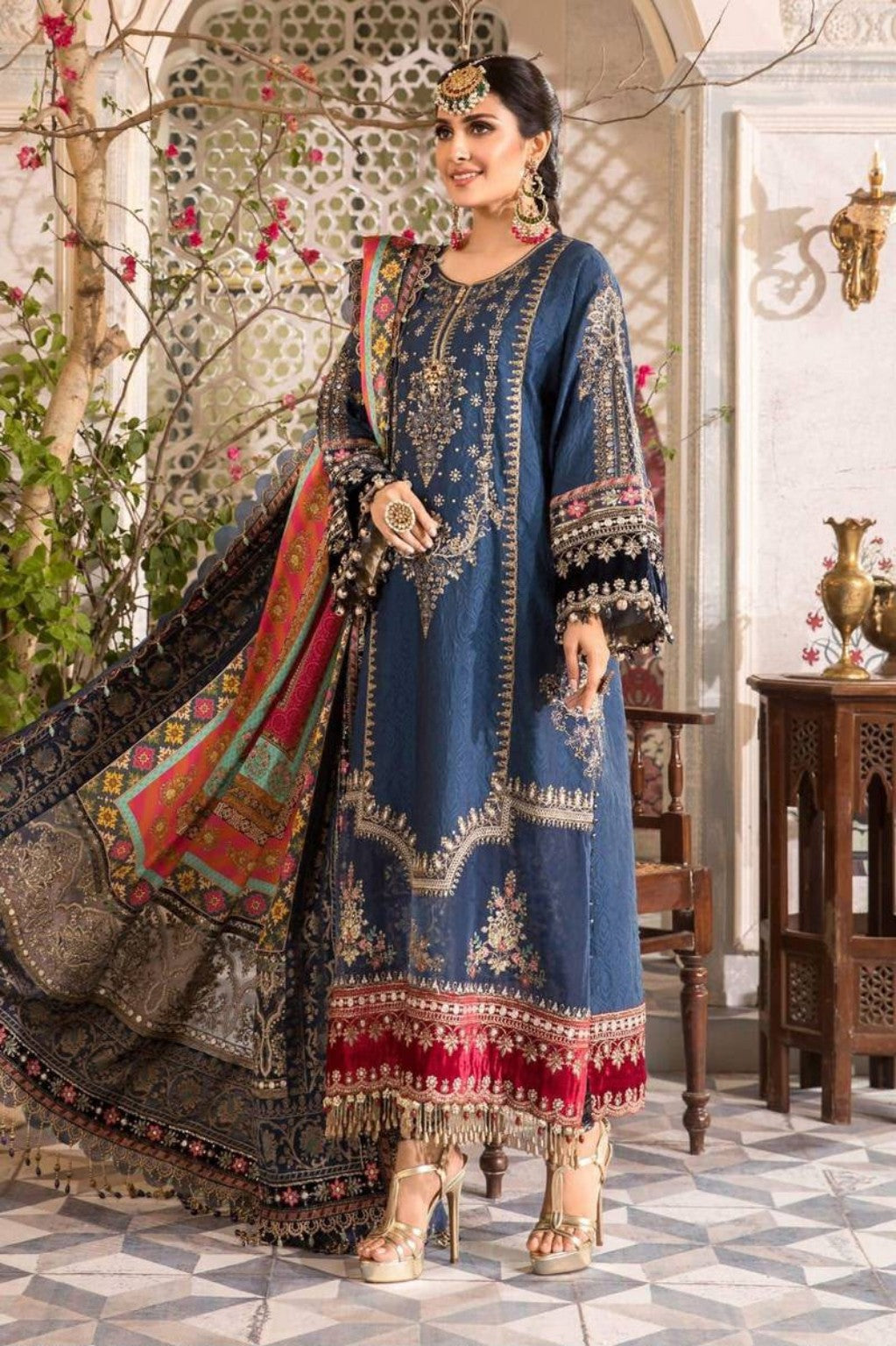 Blue embroidered chiffon 3-piece suit — full-length styling