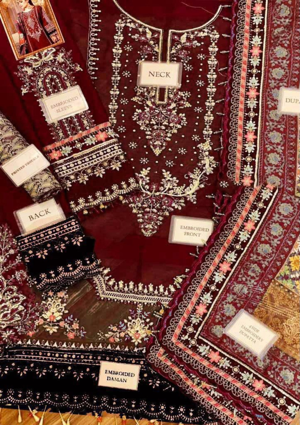 Maroon suit fabric, embroidered front, sleeves and dupatta details