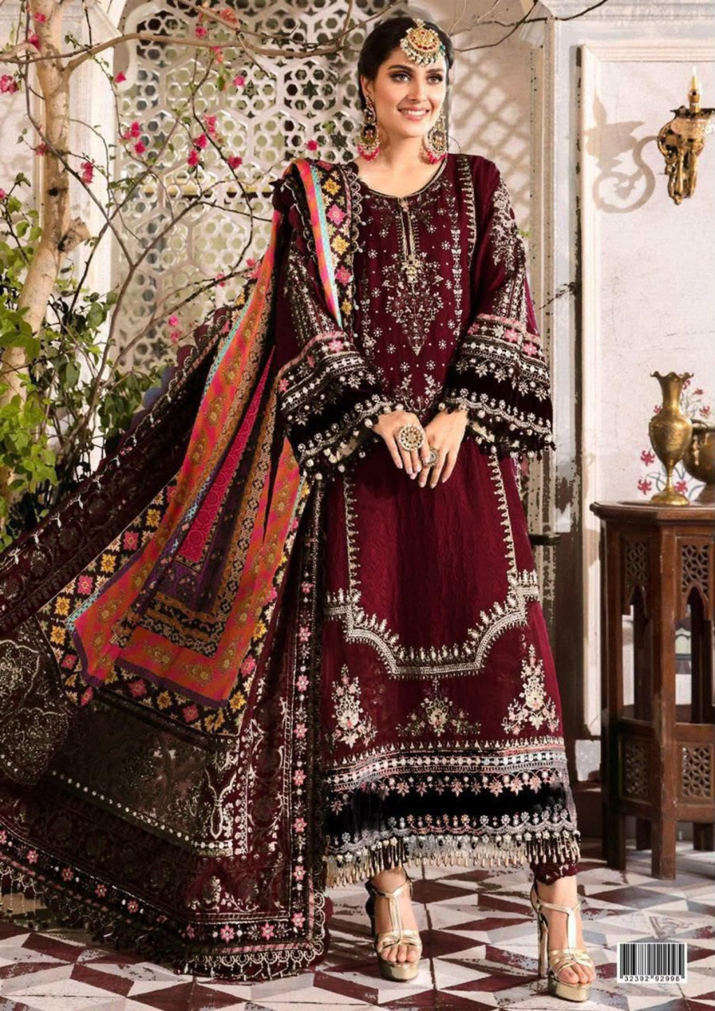 Maroon chiffon embroidered suit with printed dupatta — full-length styling