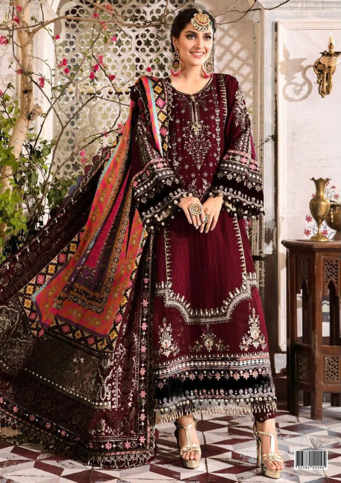 Maroon chiffon embroidered suit with printed dupatta — full-length styling