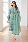 VELNORA sea-green Maria B Dhanak 3-piece suit 2255 — styled full-length view