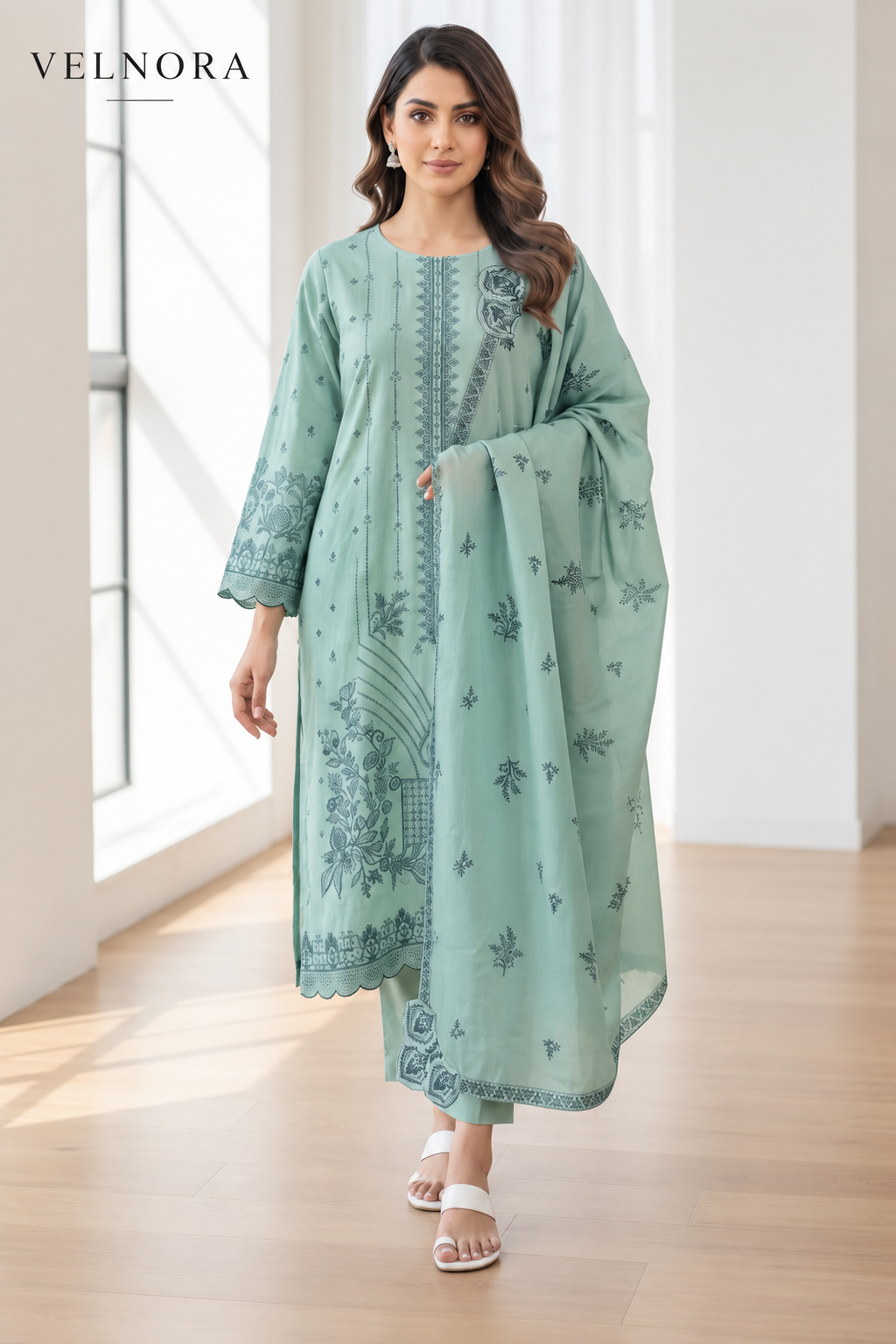 VELNORA sea-green Maria B Dhanak 3-piece suit 2255 — styled full-length view