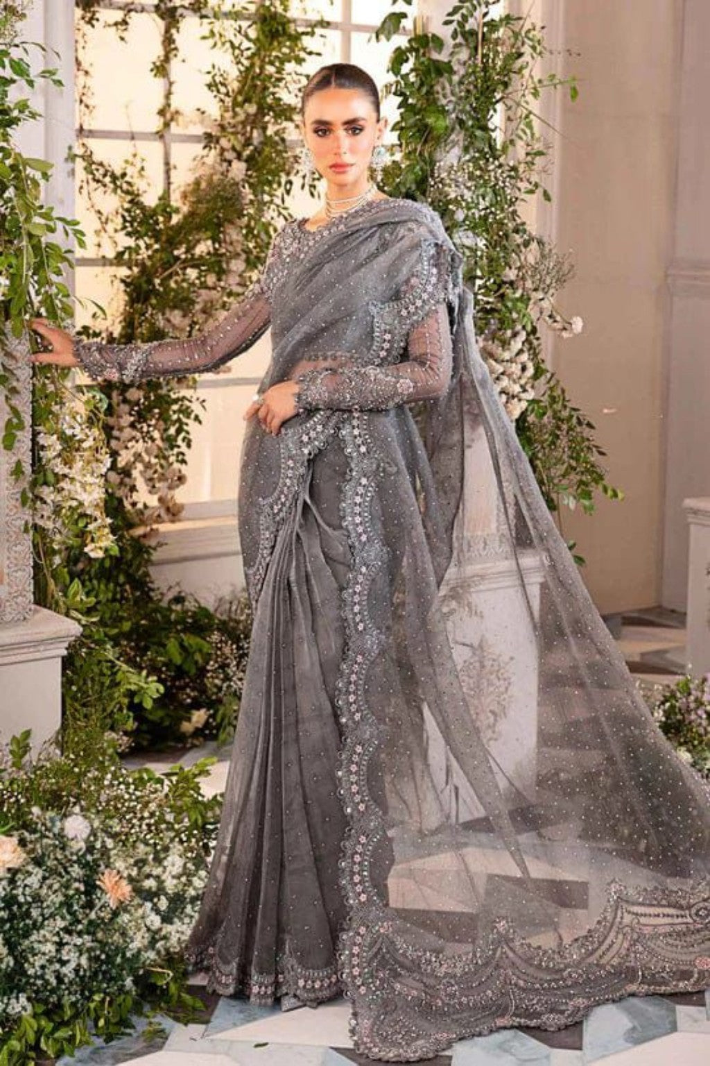 Maria B Exclusive Heavy Embroidered Net Saree 3