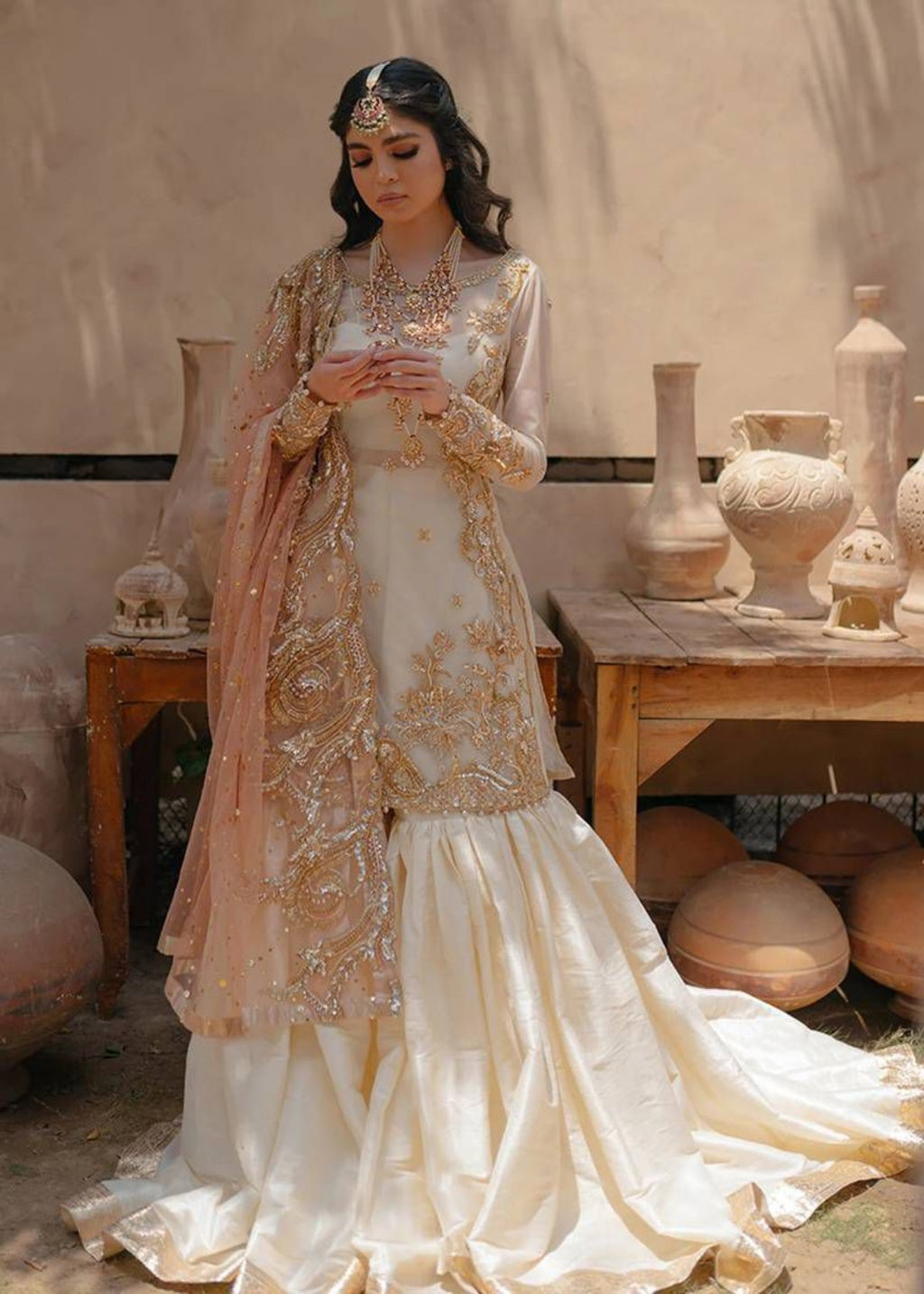 NAMEERA Wedding Wear ivory organza embroidered suit with peach net dupatta