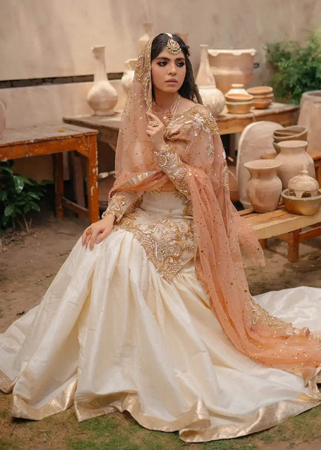 NAMEERA Wedding Wear embroidered organza suit seated view