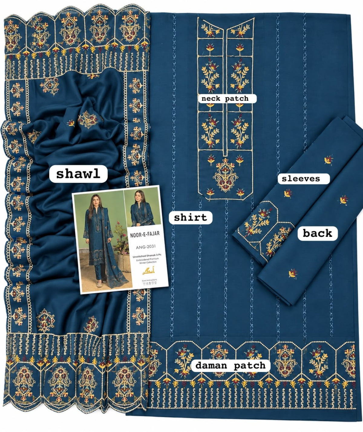 NOOR-E-FAJAR ANG-2031 Dhanak 3PC fabric embroidery and shawl details
