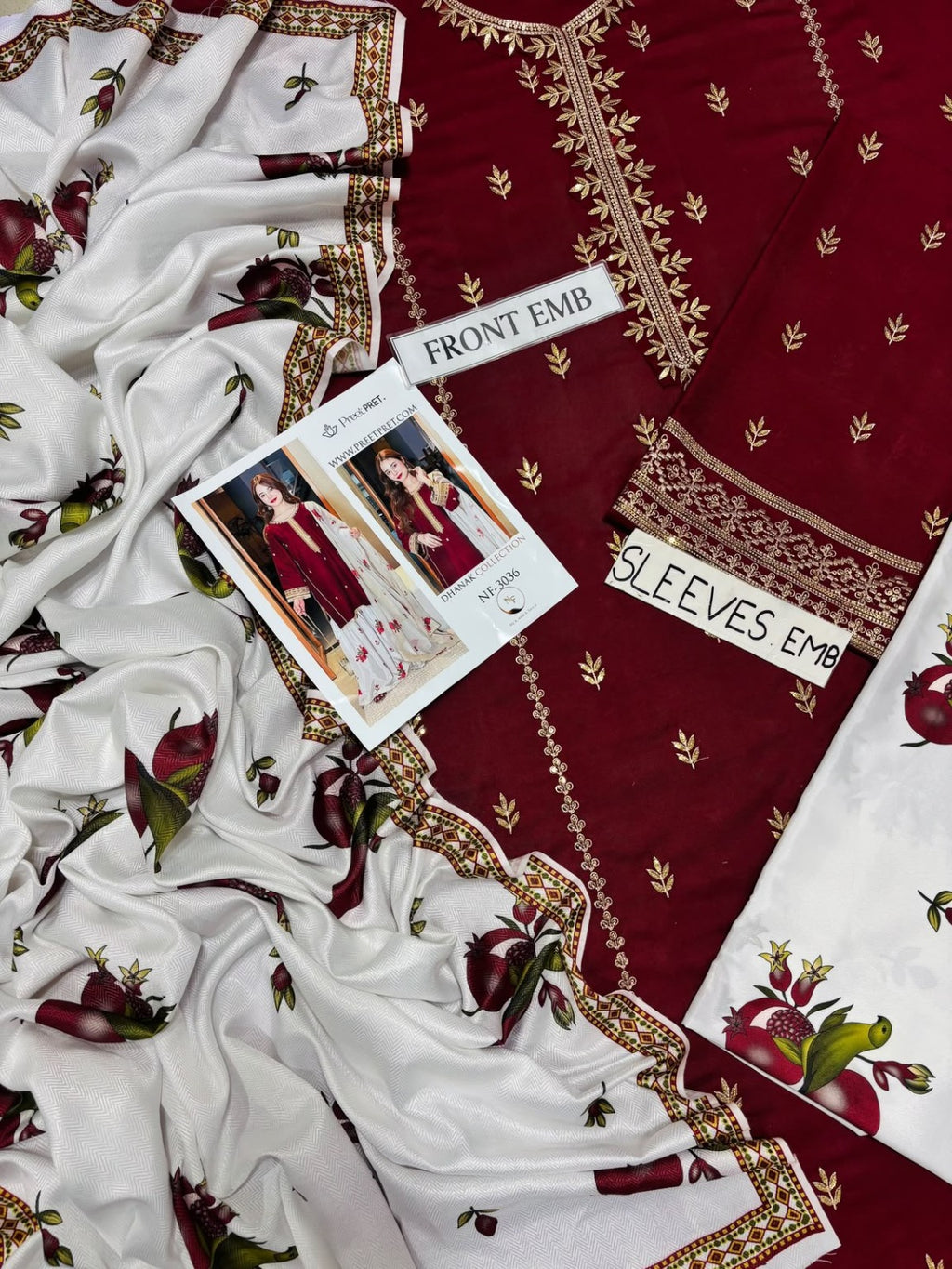 PREET PRET NF-3036 maroon embroidered shirt shawl and trouser details