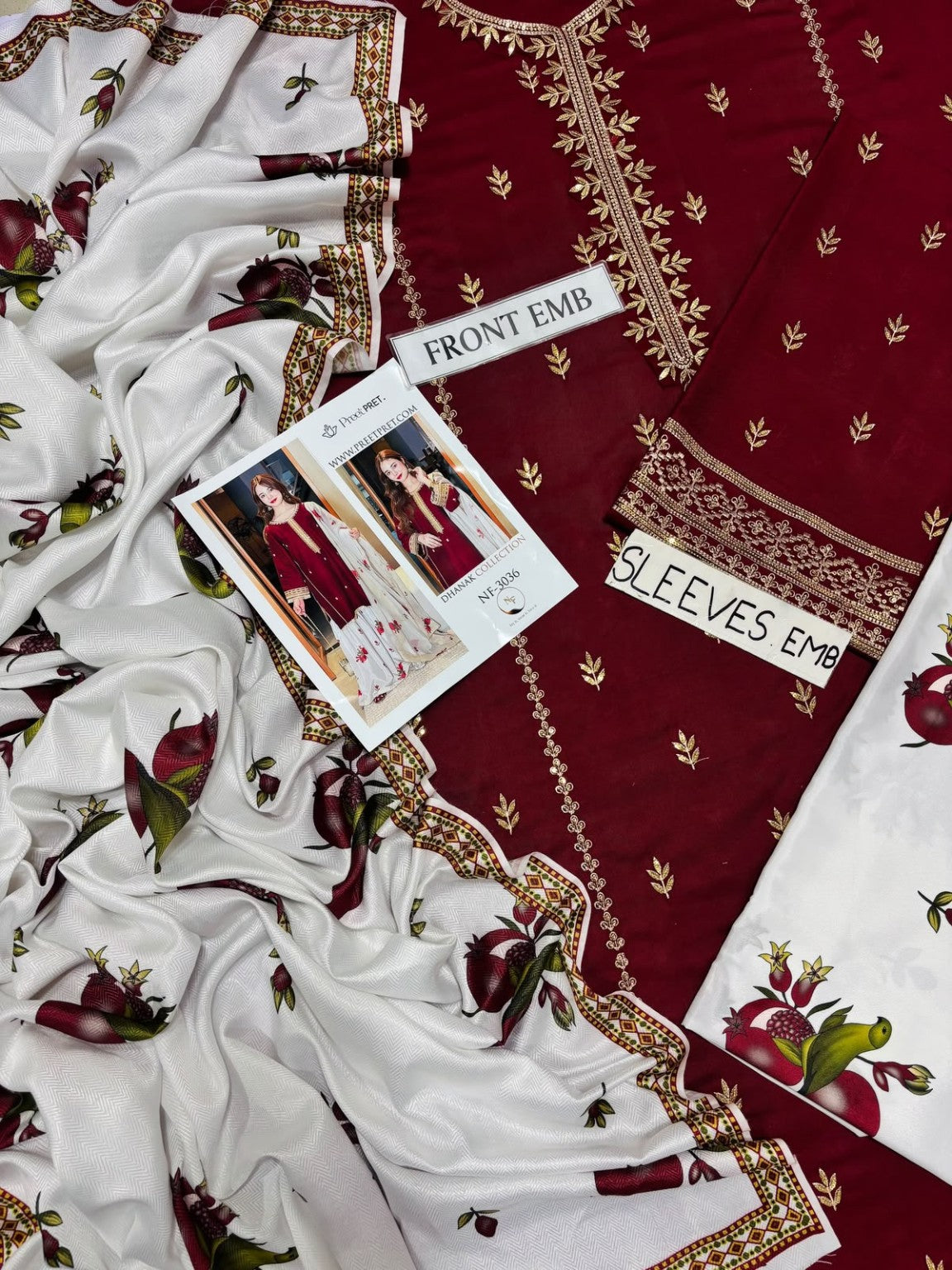 PREET PRET NF-3036 maroon embroidered shirt shawl and trouser details