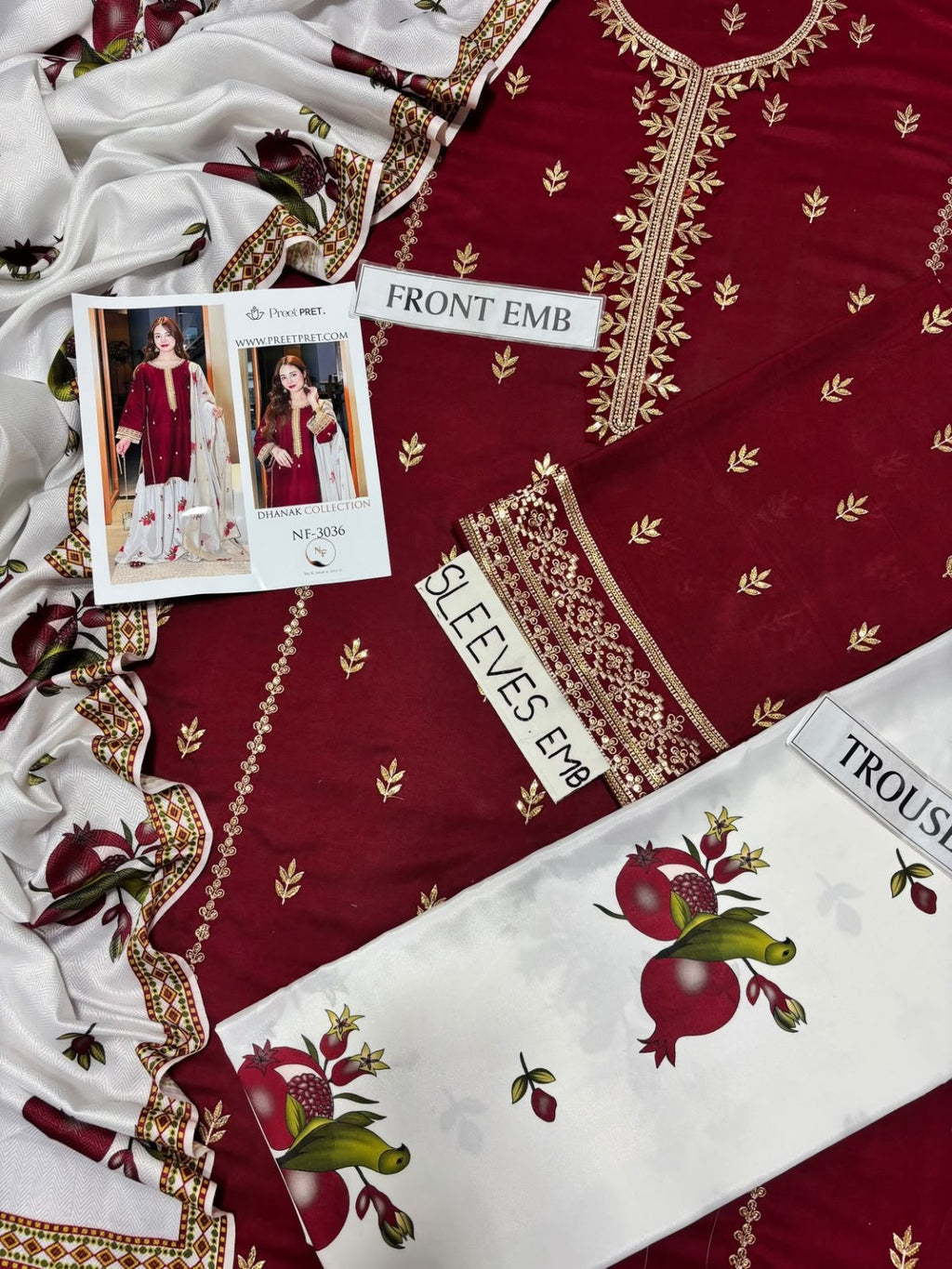PREET PRET NF-3036 maroon Dhanak embroidered 3PC full fabric view