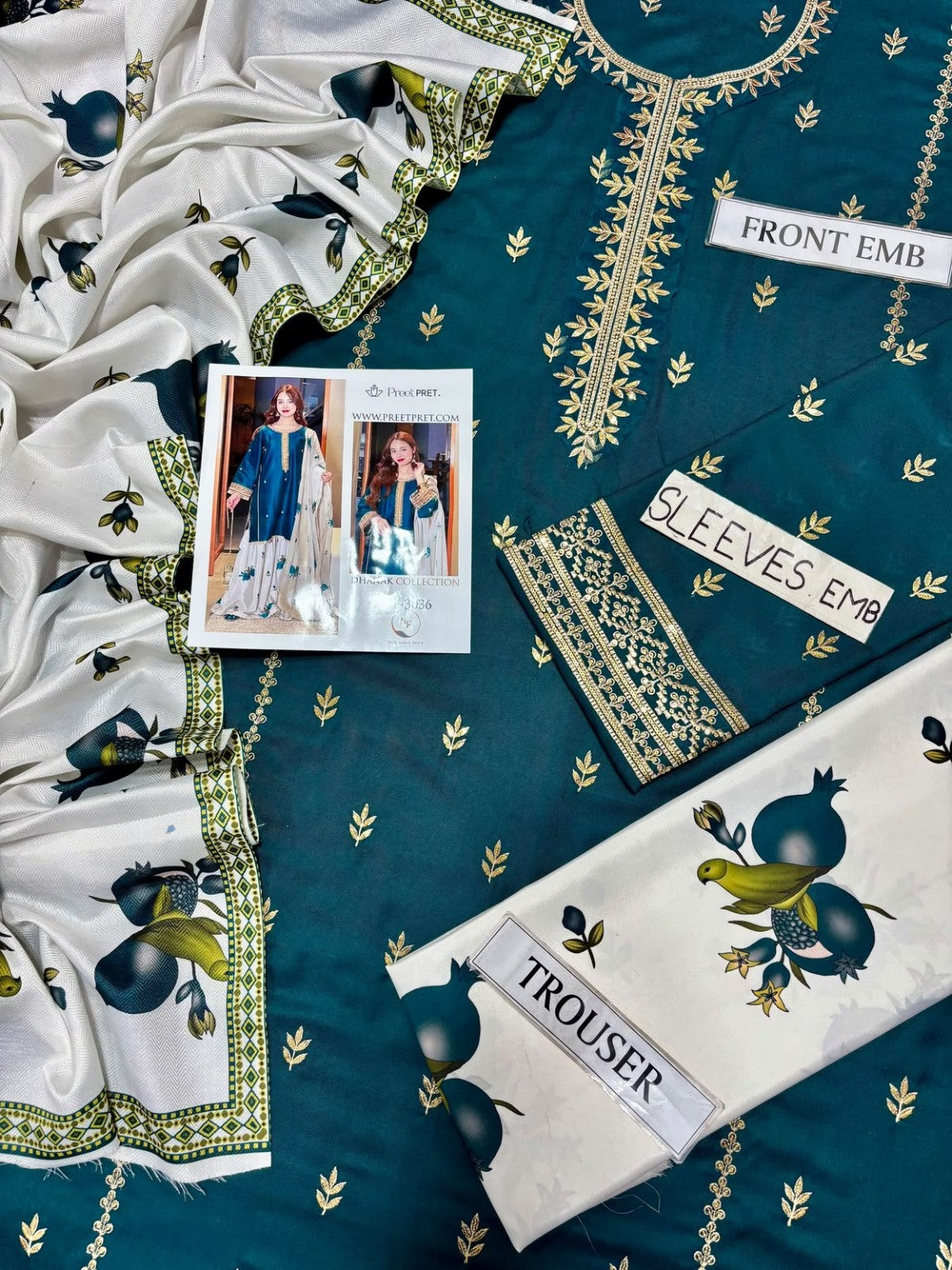 PREET PRET NF-3036 teal embroidered shirt shawl and trouser details