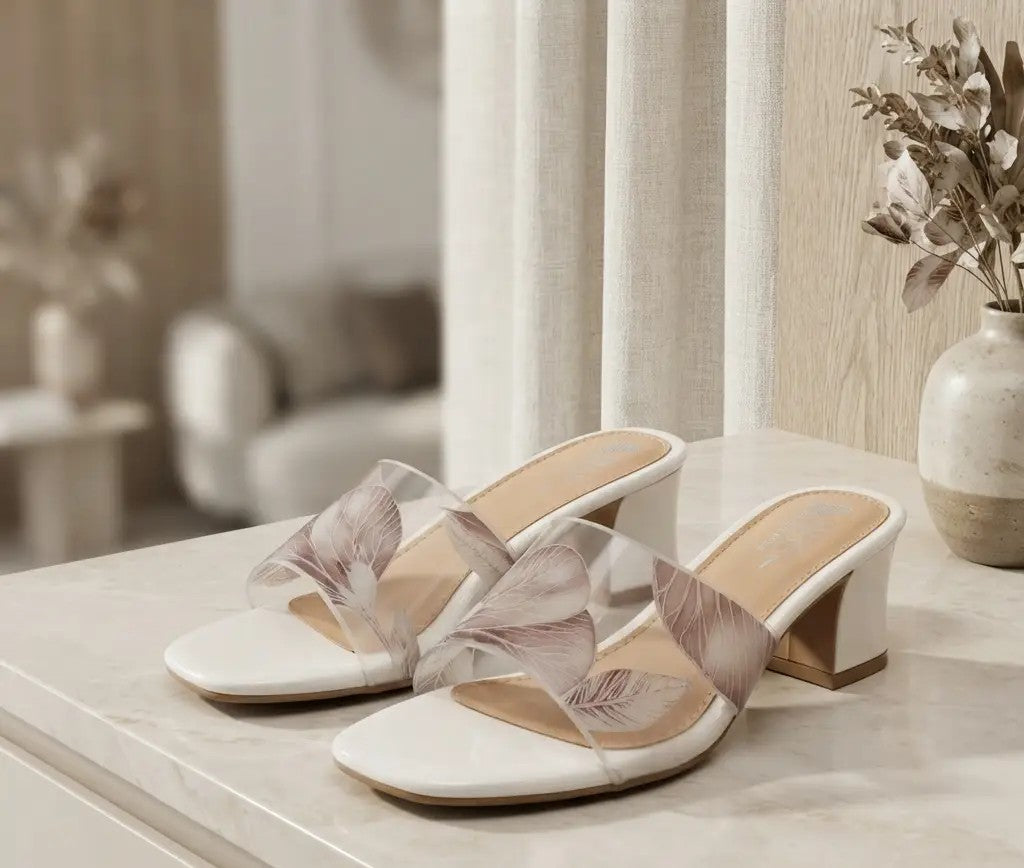 White synthetic leather fancy block heels with clear printed strap
